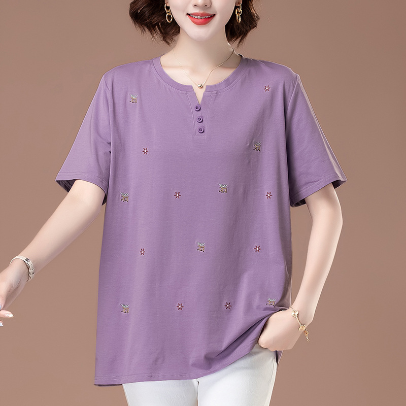 カットソー 刺繍入り半袖ヘンリーネックカットソー
