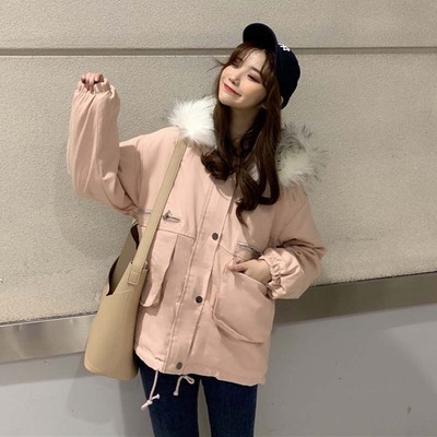 カットソー 学生向け韓国風長袖コットンコート毛皮襟付き冬服