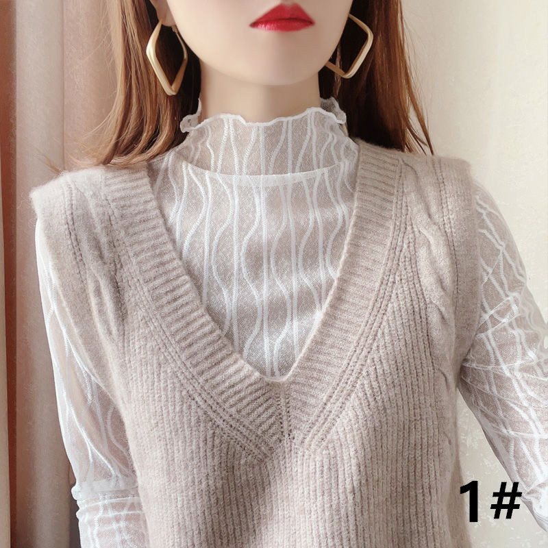 カットソー 透け感レース ハイネック インナー 女性用 重ね着対応