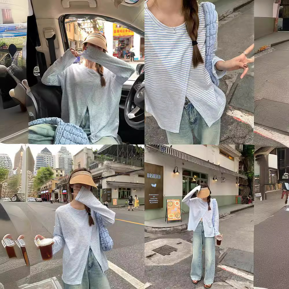 カットソー サイドスリット入り柔らか横縞カットソー