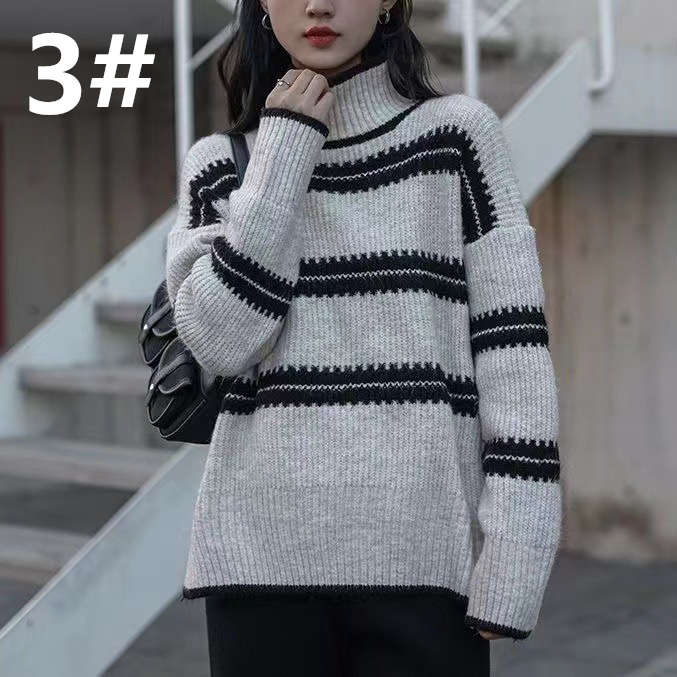 カットソー ハイネック縞模様長袖ニット 厚手体型カバー着回しセーター