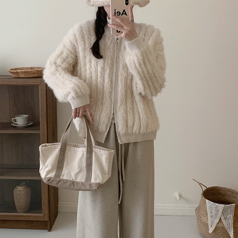 カットソー ふわふわファー長袖カーディガン韓国風ニット