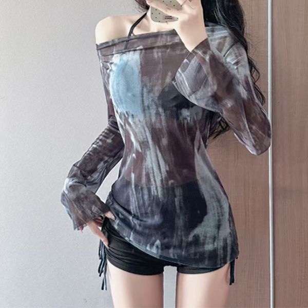 カットソー ボートネック タイダイ柄 ドロスト水着 体型カバー 3点セット