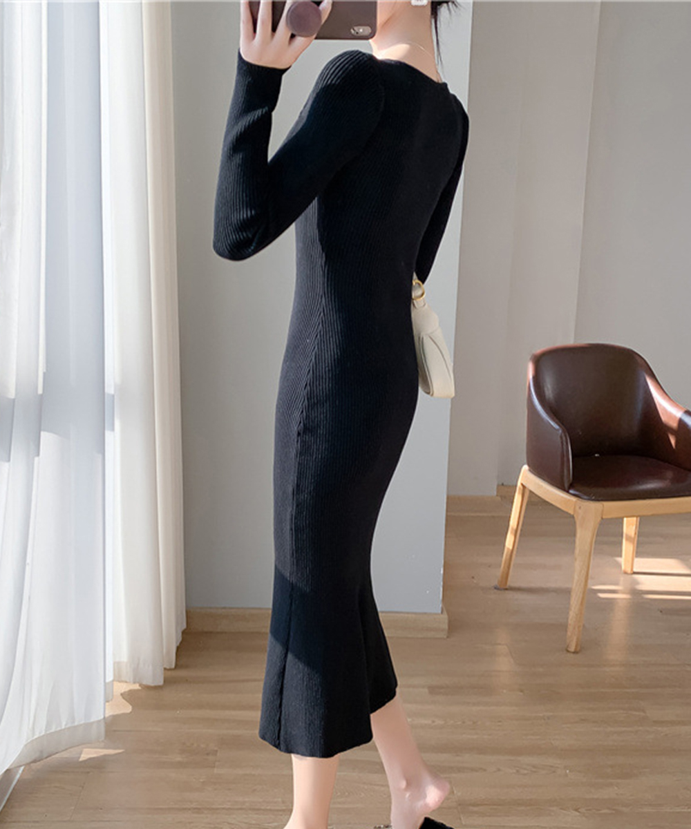 カットソー 長袖ニットワンピース 人魚姫シルエット ロング丈