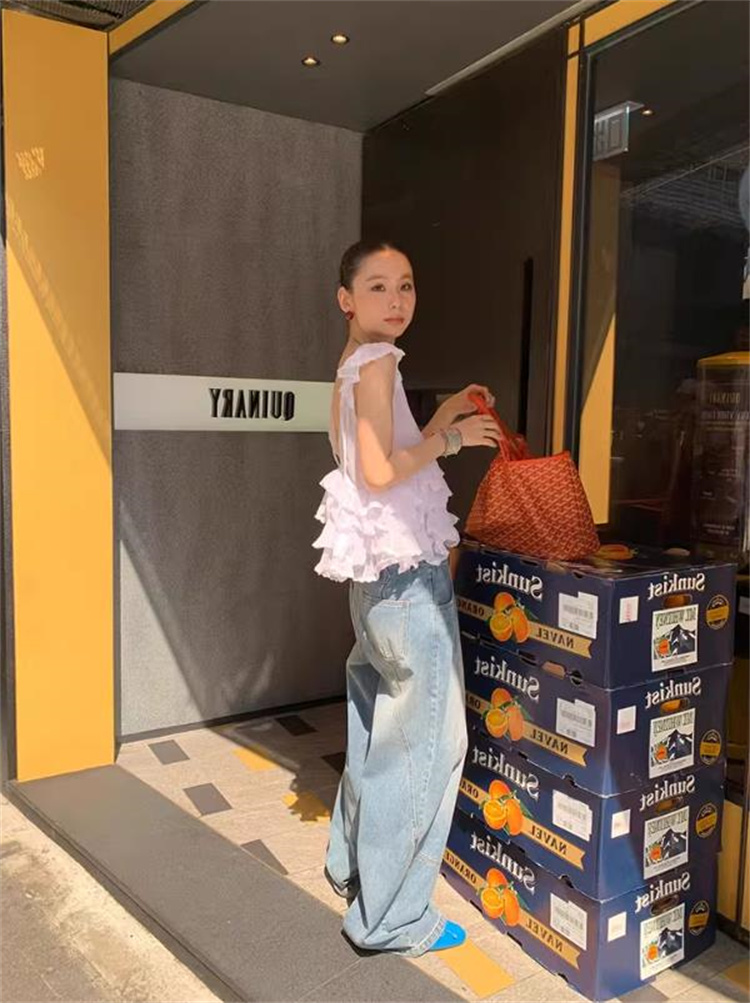 カットソー 韓国風 フリル重ね Vネック ノースリーブ 夏物トップス