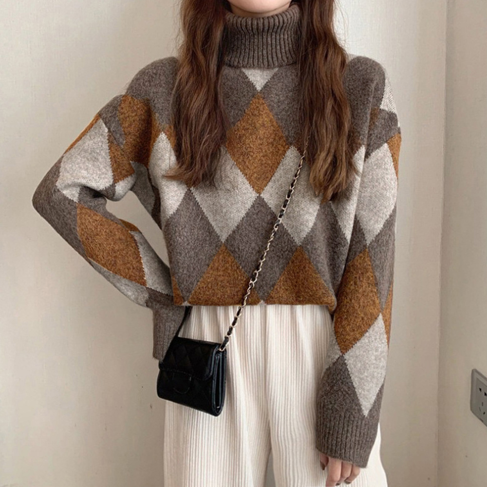 カットソー 菱形柄タートルネック厚手ニット秋冬セーター