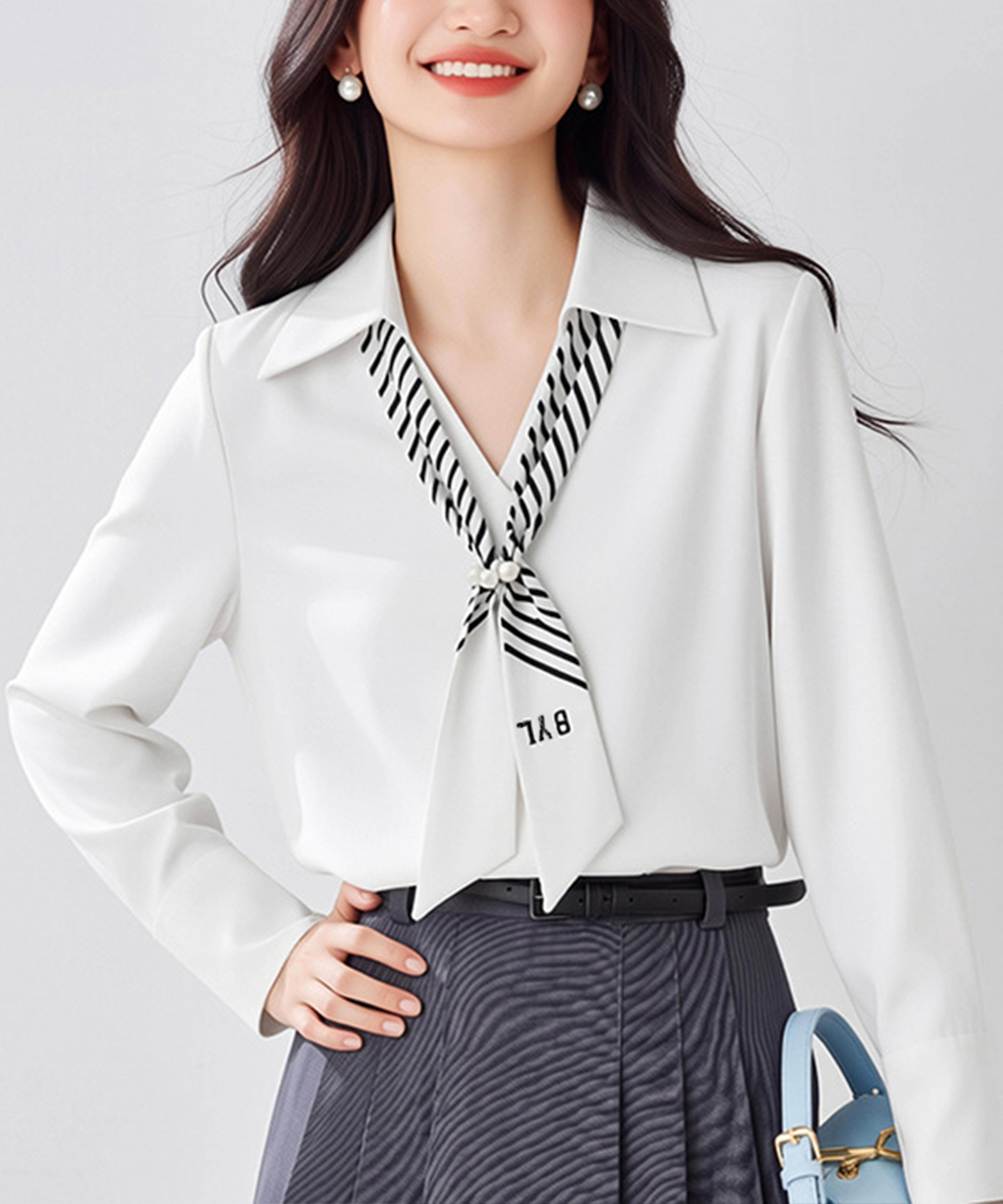 カットソー パール付きスカーフタイ Vネック ブラウス 上品