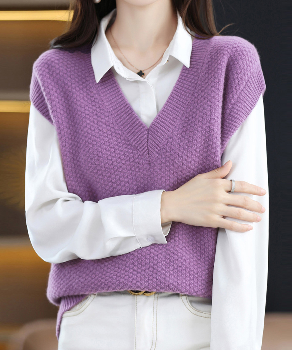 カットソー 深めの五分袖ニットベスト 体型カバー重ね着チョッキ