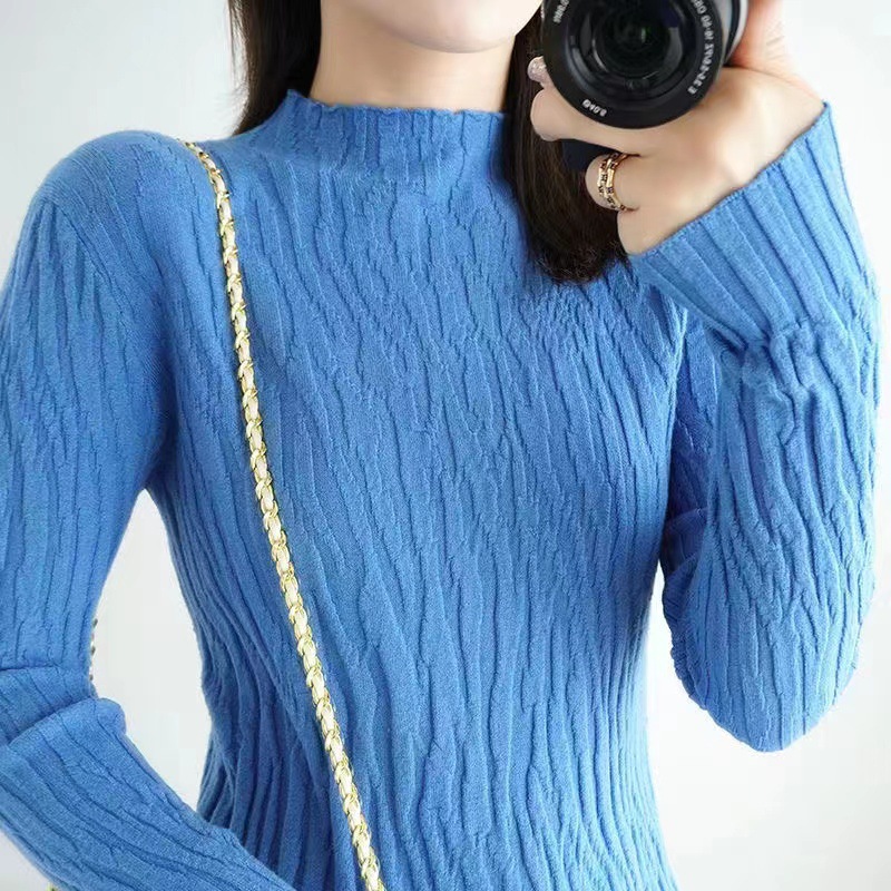 カットソー 縦リブ編み上品ハイネック長袖カットソー