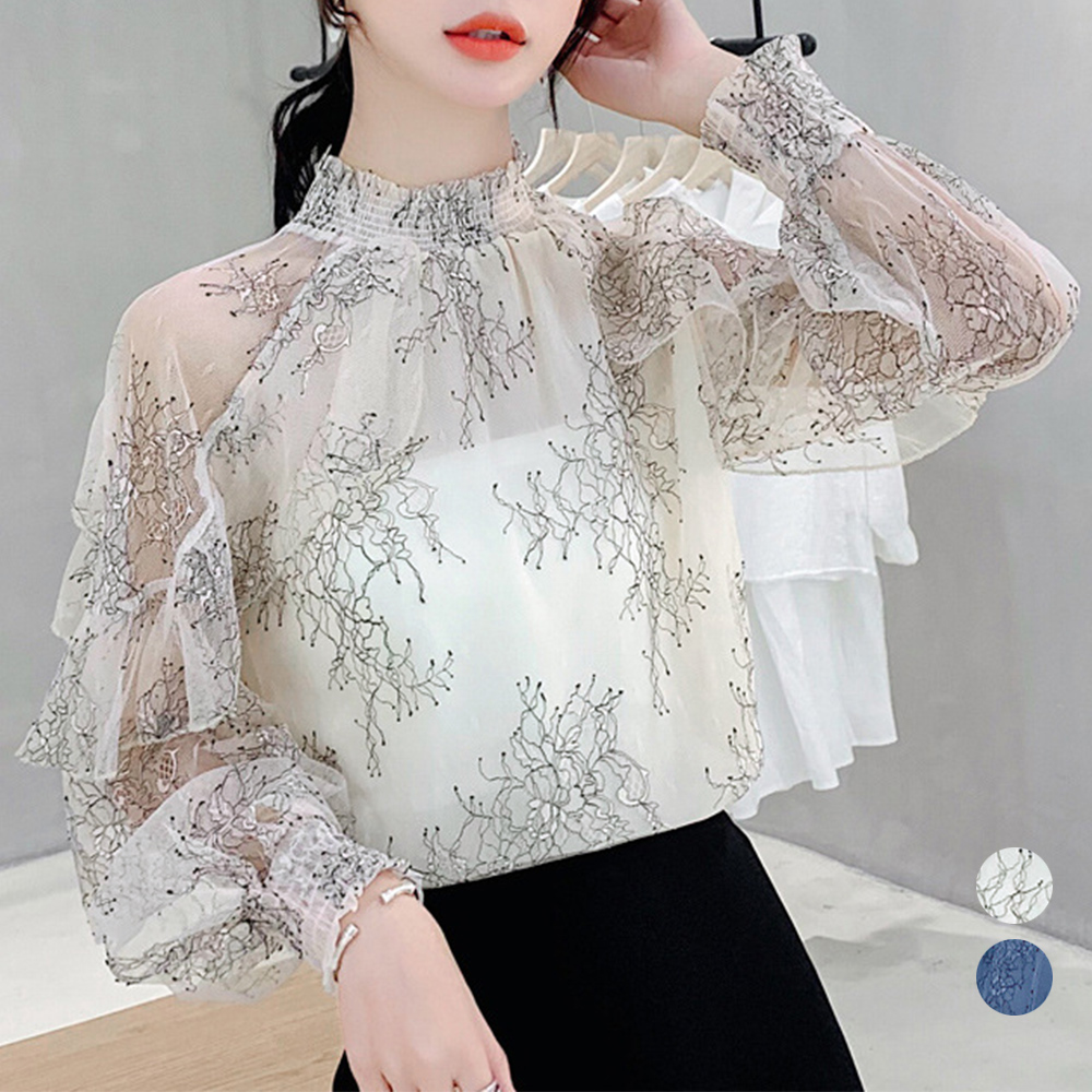 カットソー 花柄刺繍シアーブラウス 長袖レース透け感トップス