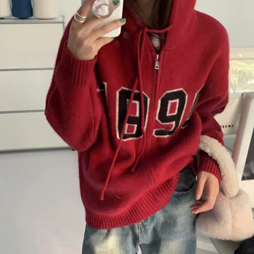 カットソー フード付き長袖ニットカーディガン秋冬