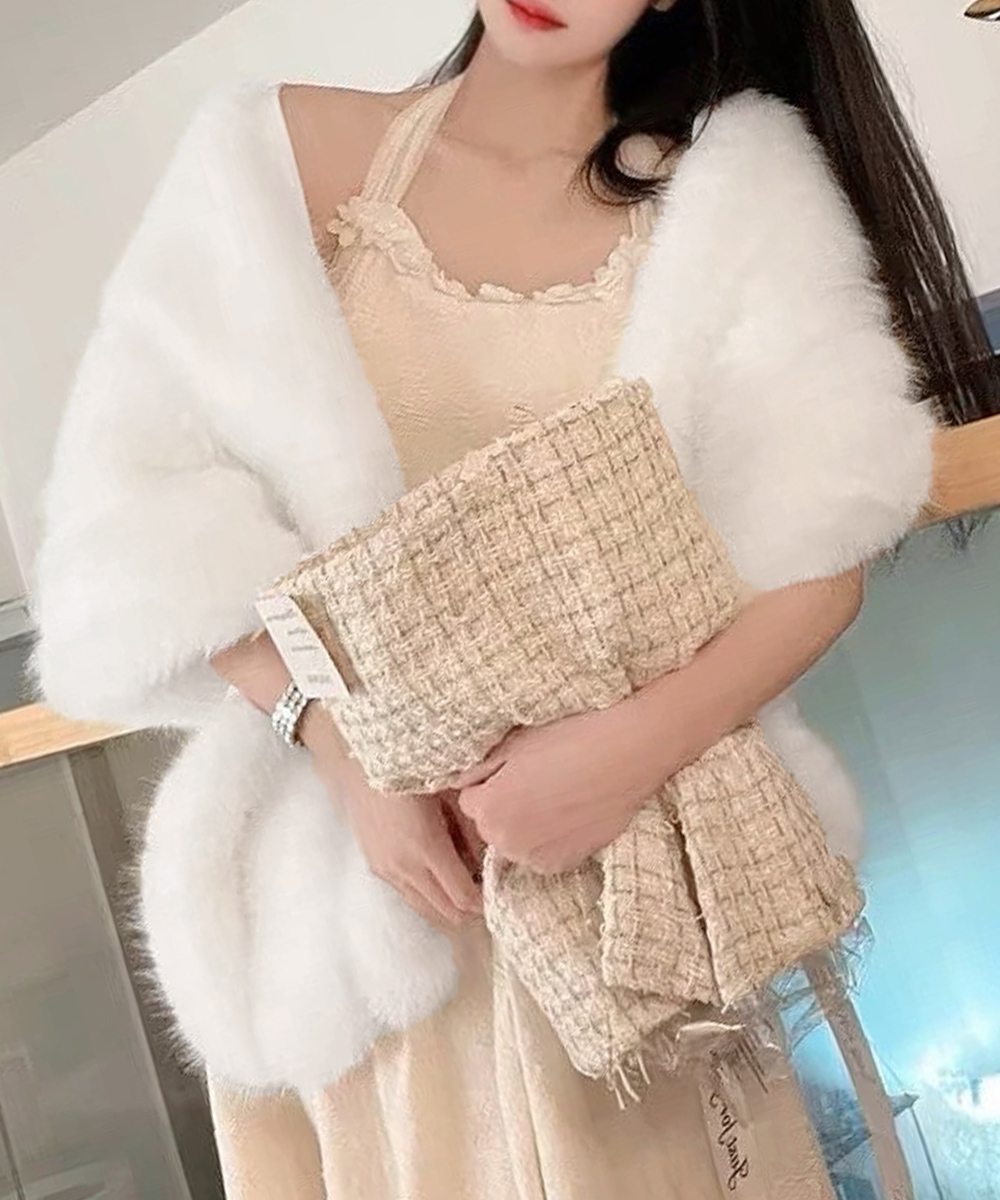 カットソー ふわふわファーショール ボートネック大判肩掛けケープ