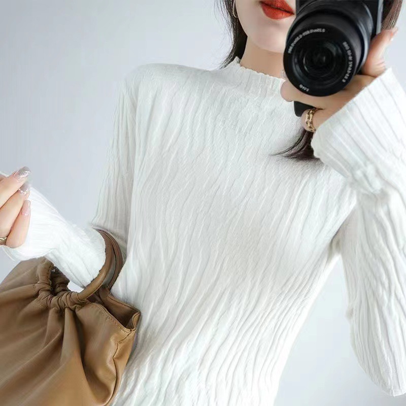 カットソー 縦リブ編み上品ハイネック長袖カットソー