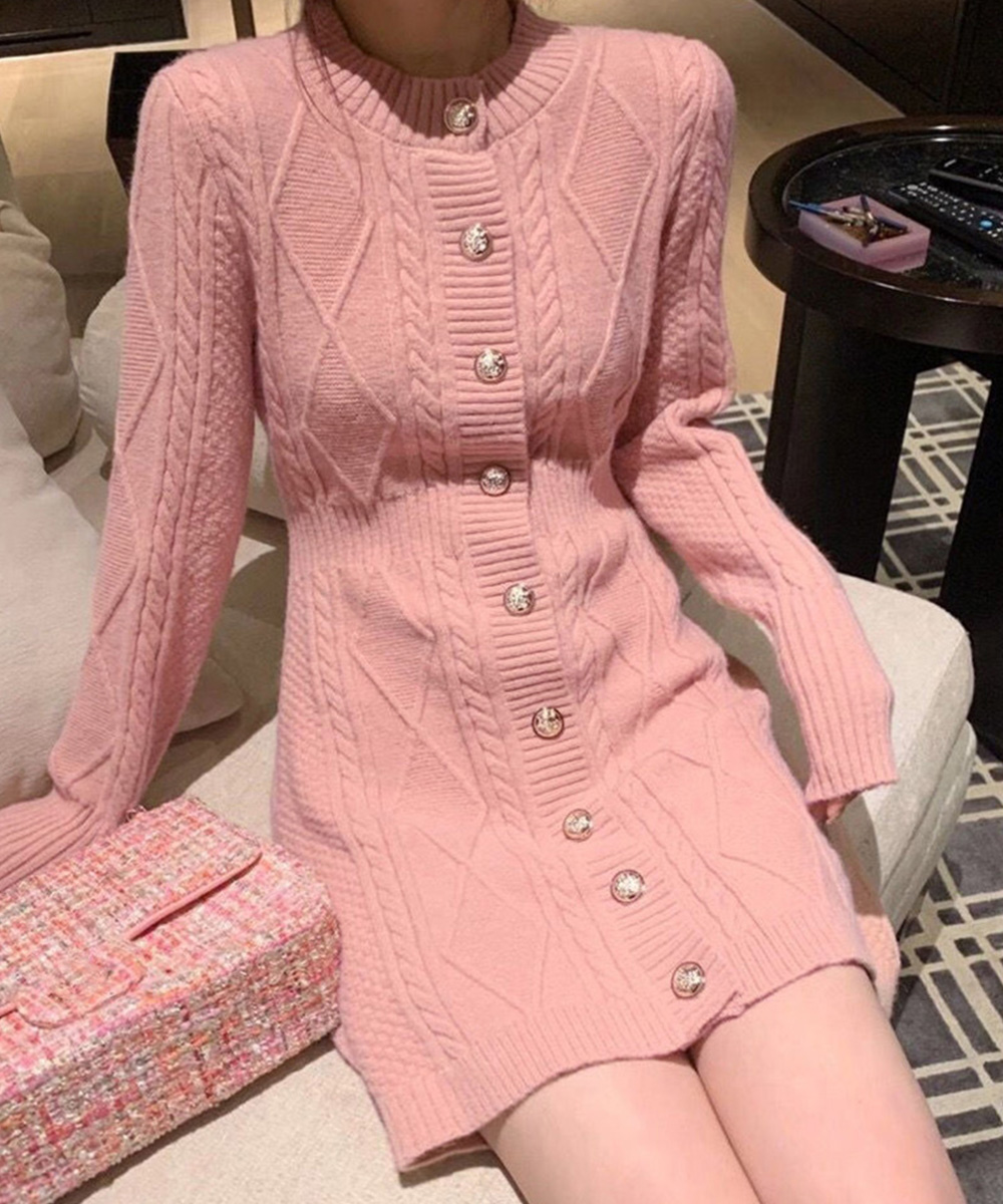 カットソー 長袖ケーブル編みニットワンピース ミニ丈上品