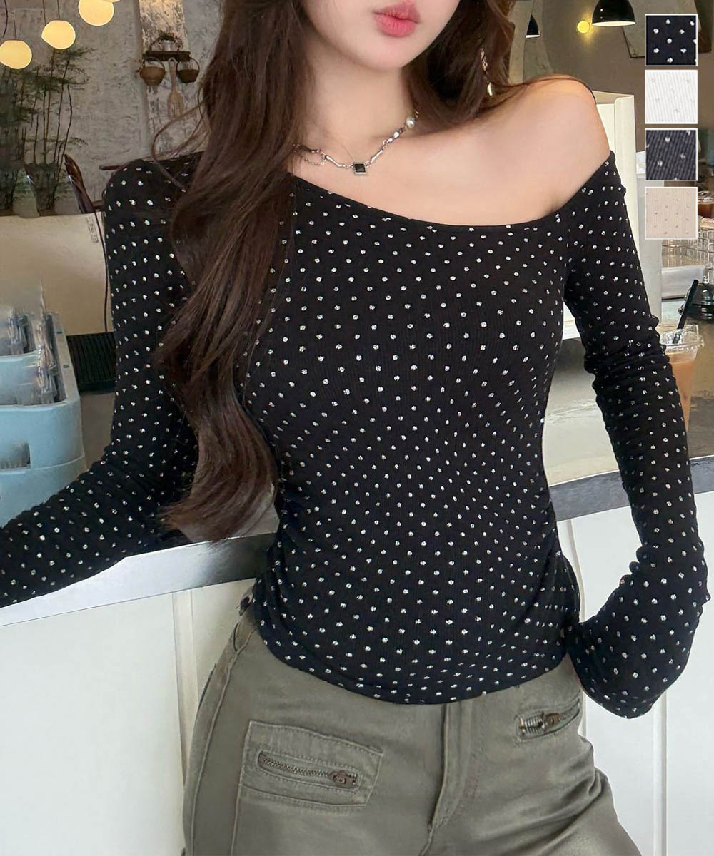 水玉ラメ ボートネック肩出し長袖カットソー