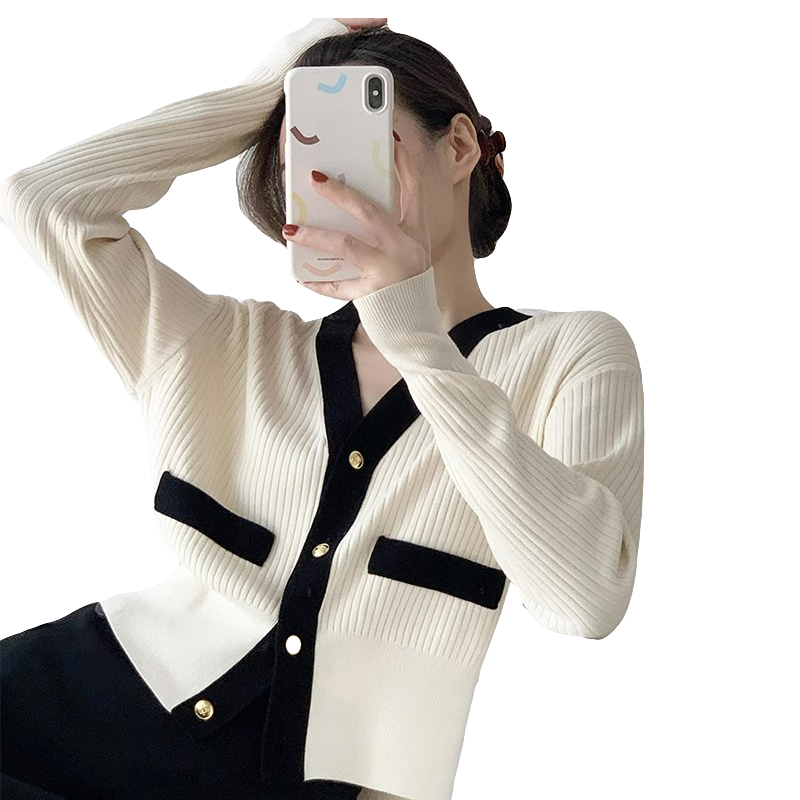 カットソー 配色リブニットカーディガンVネックカットソー