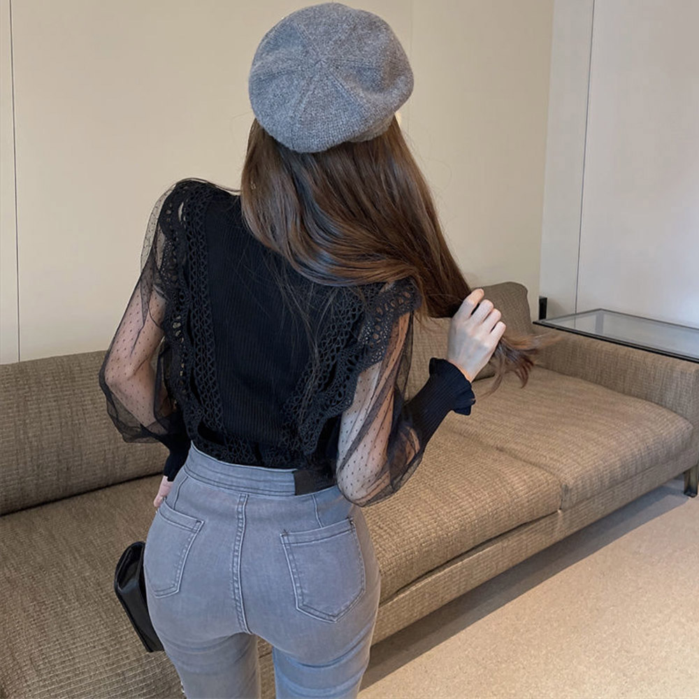 カットソー ハイネック透け感袖異素材切り替えブラウス