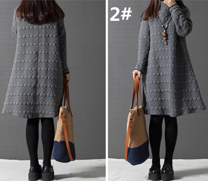 カットソー 秋冬ハイネックワンピース厚手長袖ゆったり体型カバー