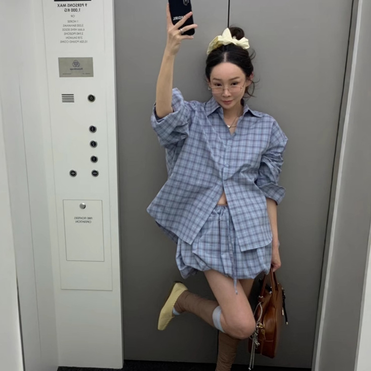 カットソー チェック柄 長袖シャツ ショートパンツ レディースセット