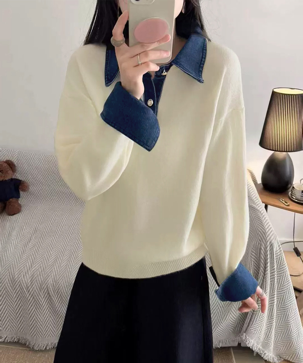 デニム切り替え長袖ニット襟付きカットソー