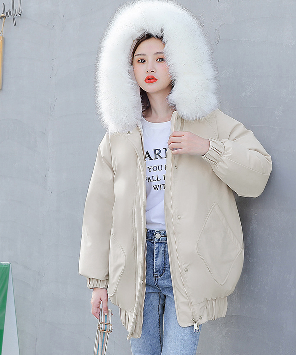カットソー 長袖ふわふわファー付き中綿ダウンコート防寒
