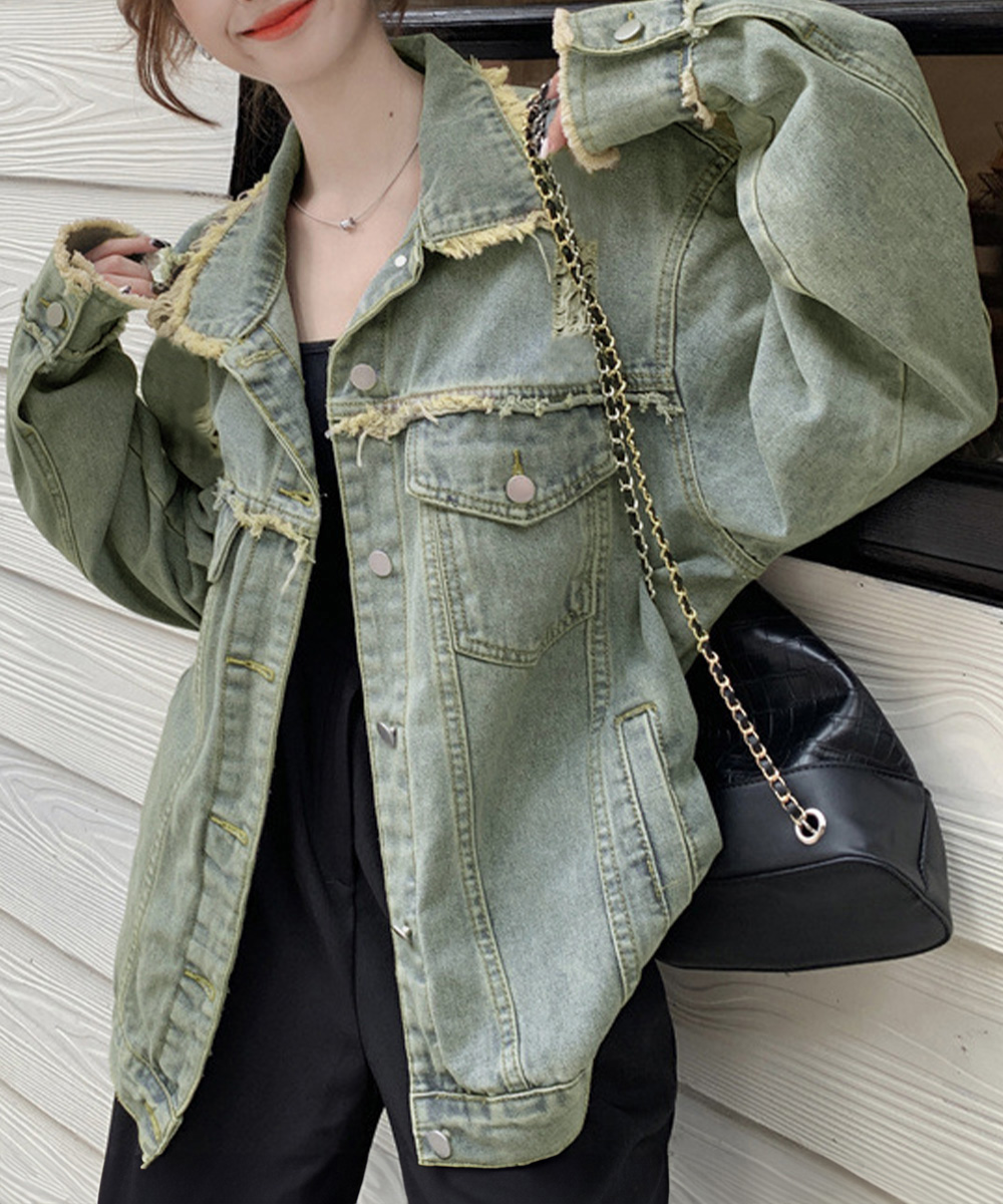 カットソー 切りっぱなし裾加工長袖デニム上着