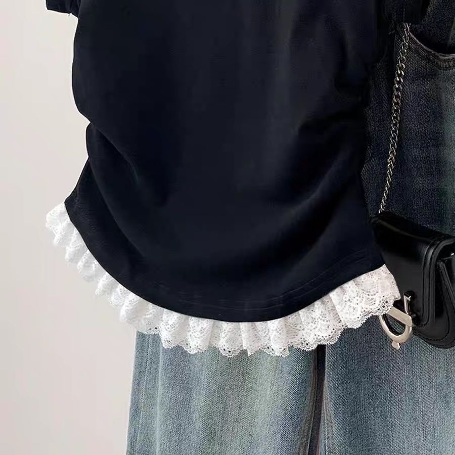 カットソー 愛犬刺繍レース裾カットソー