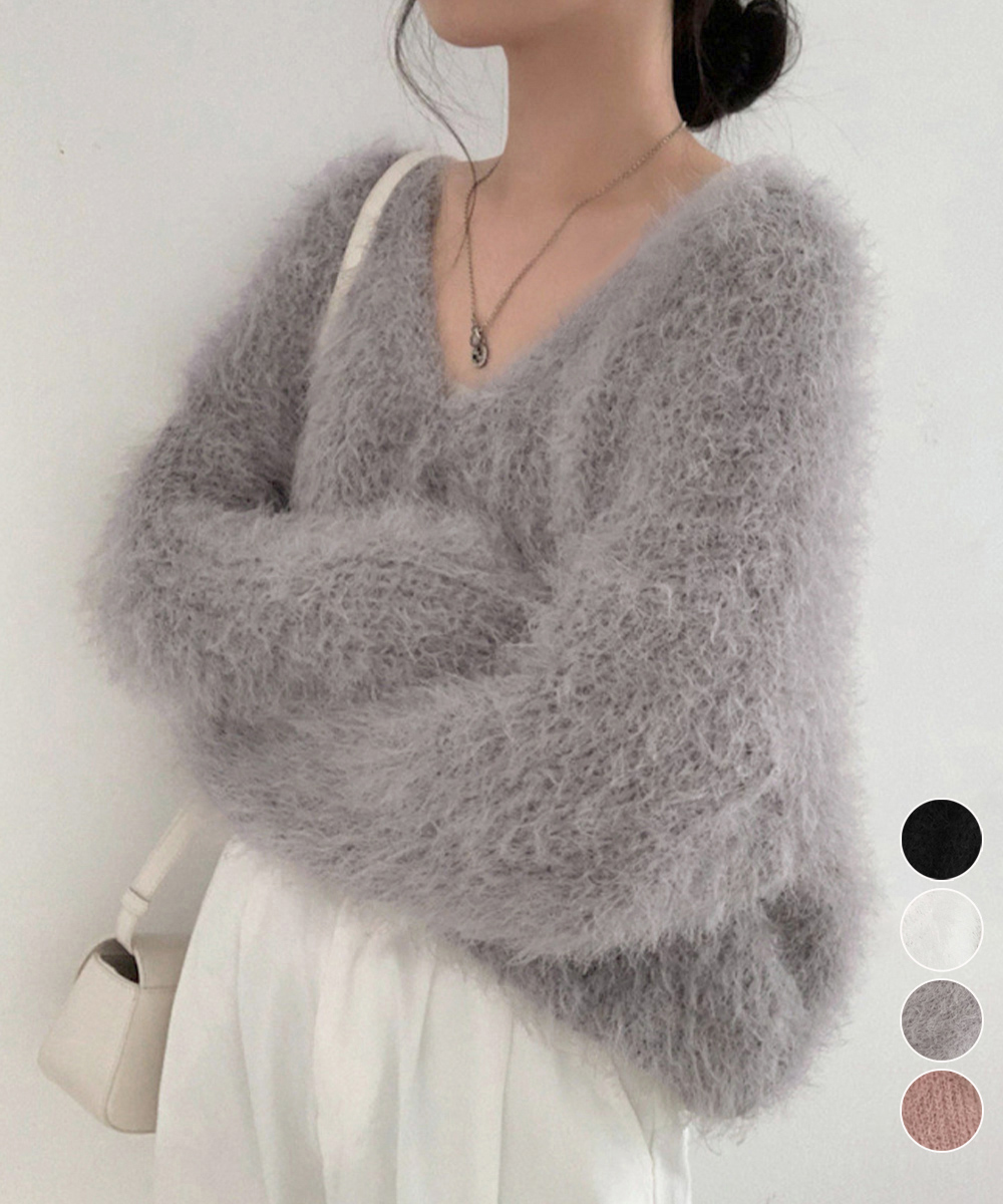 カットソー ふわふわモヘアタッチVネックシャギーニットカーディガン