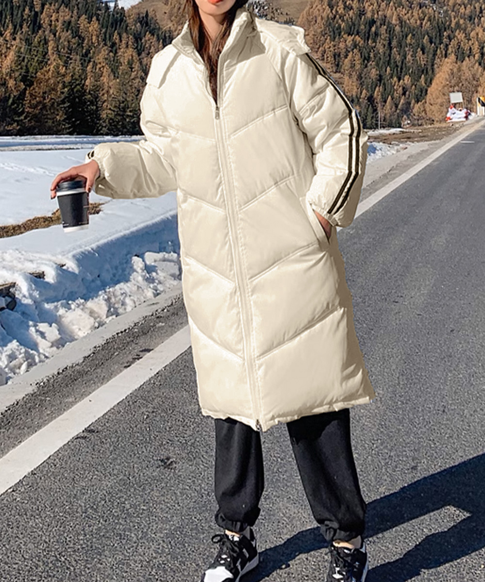 カットソー 長袖中綿入りロング丈コート女性用韓国風防寒服