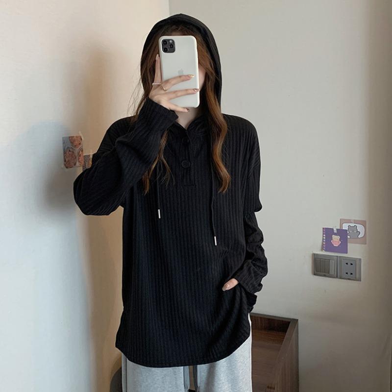 カットソー リブ編みフーディープルオーバー