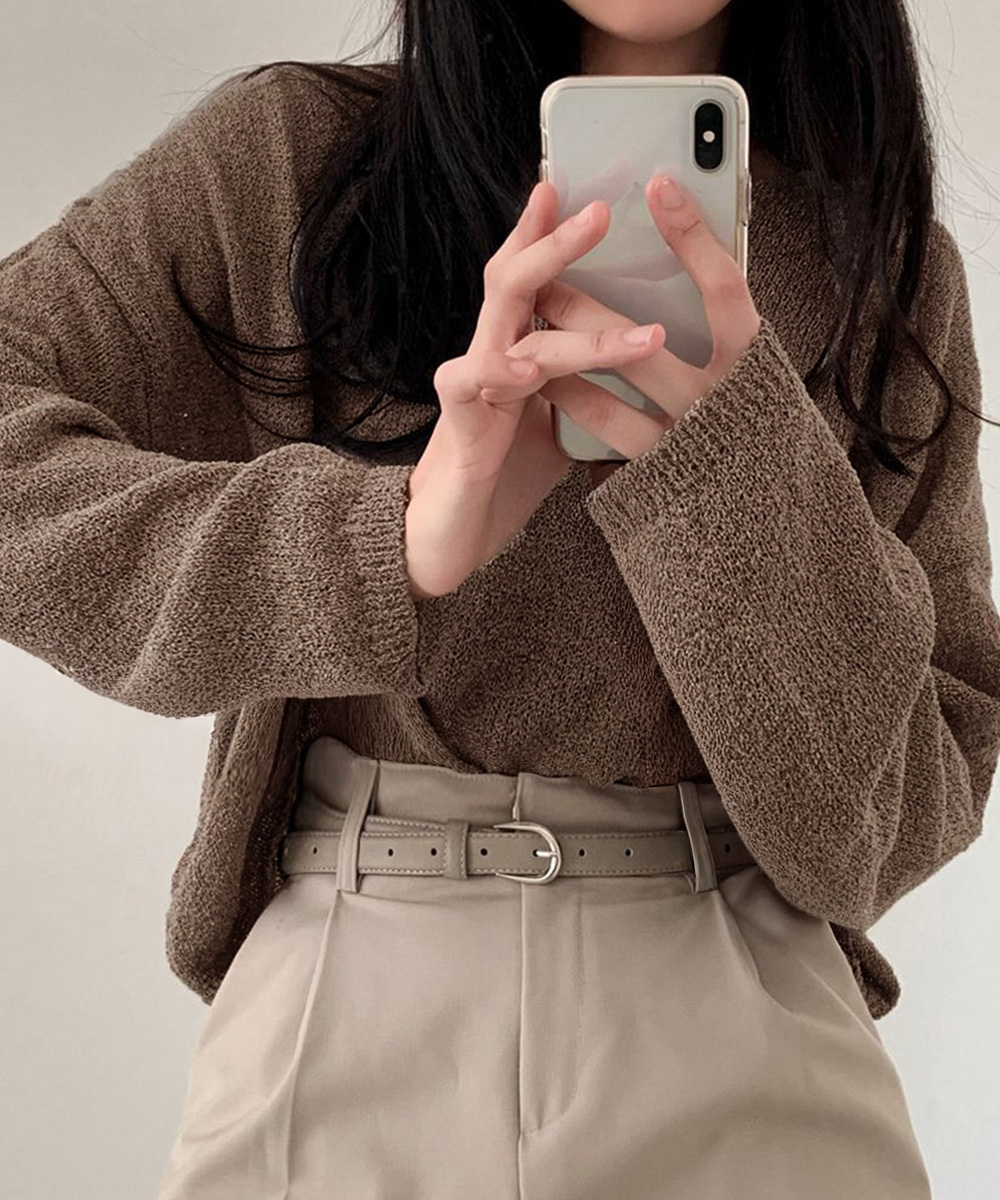 透け感ニット長袖トップス ブイネック春夏カットソー