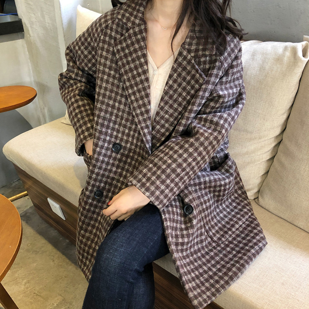 カットソー チェック柄長袖テーラードコート ゆったりシルエット