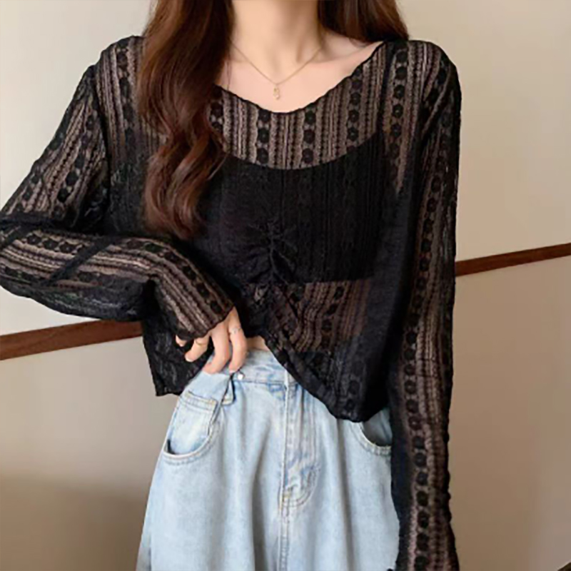 花柄総刺繍シアー長袖カットソー透け感レース薄手トップス