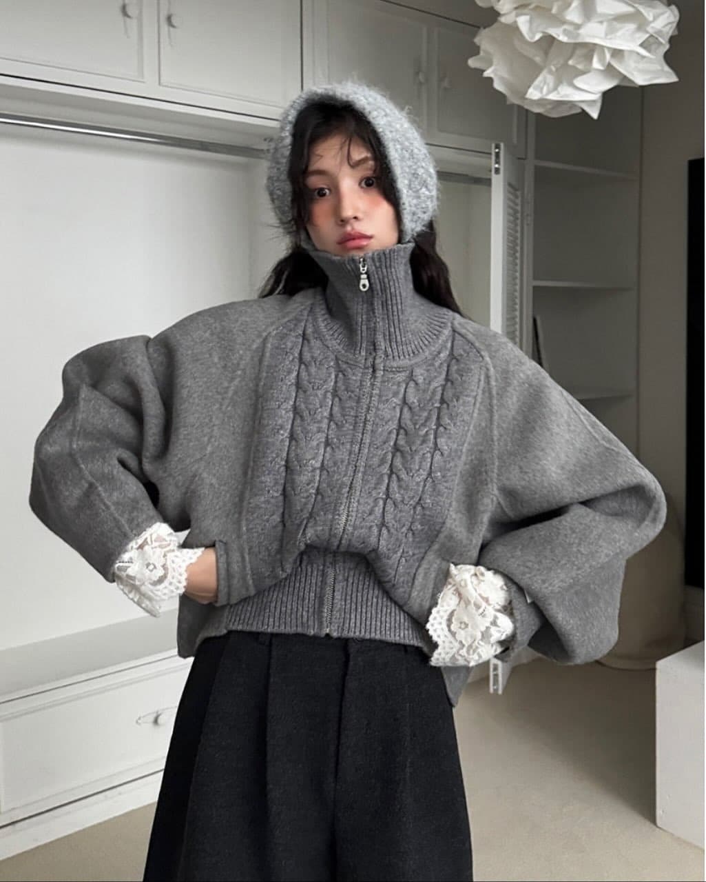 カットソー ケーブル編みハイネックニットカーディガン