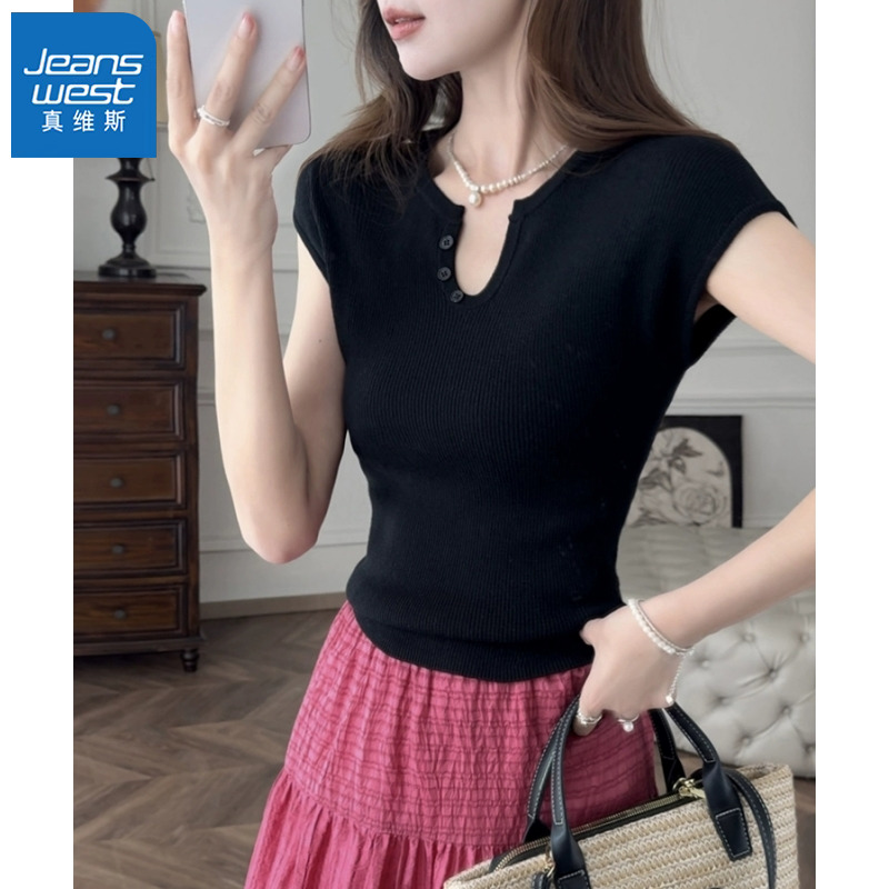 カットソー 優美フレンチリブボタンカットソー