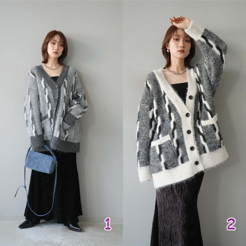 カットソー ブイネック編み柄カーディガン レディース ゆったりニット