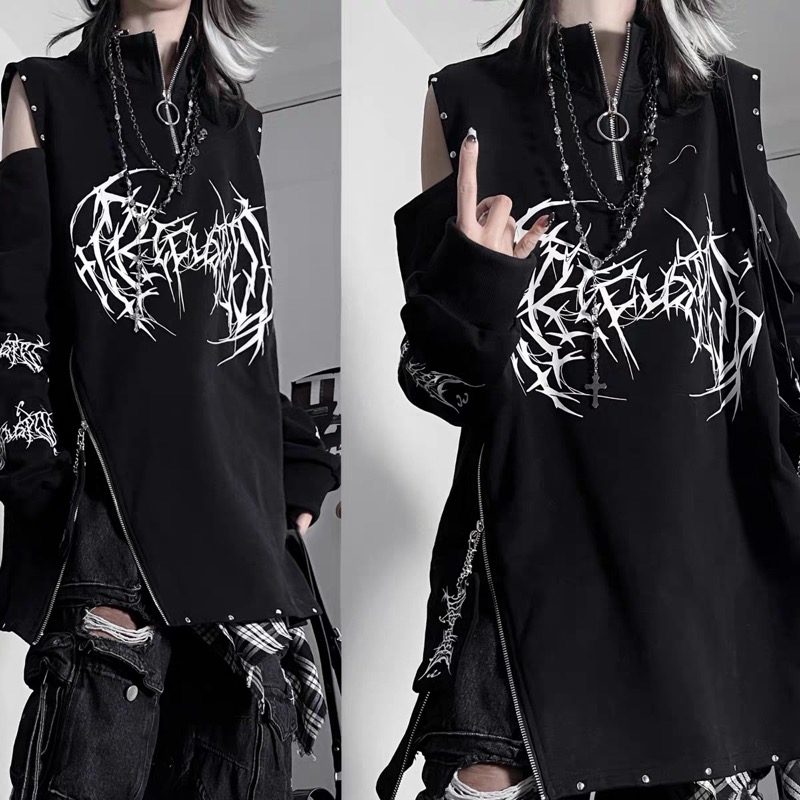 カットソー モード系 肩開き 長袖 ジップアップ 立ち襟 Tシャツ