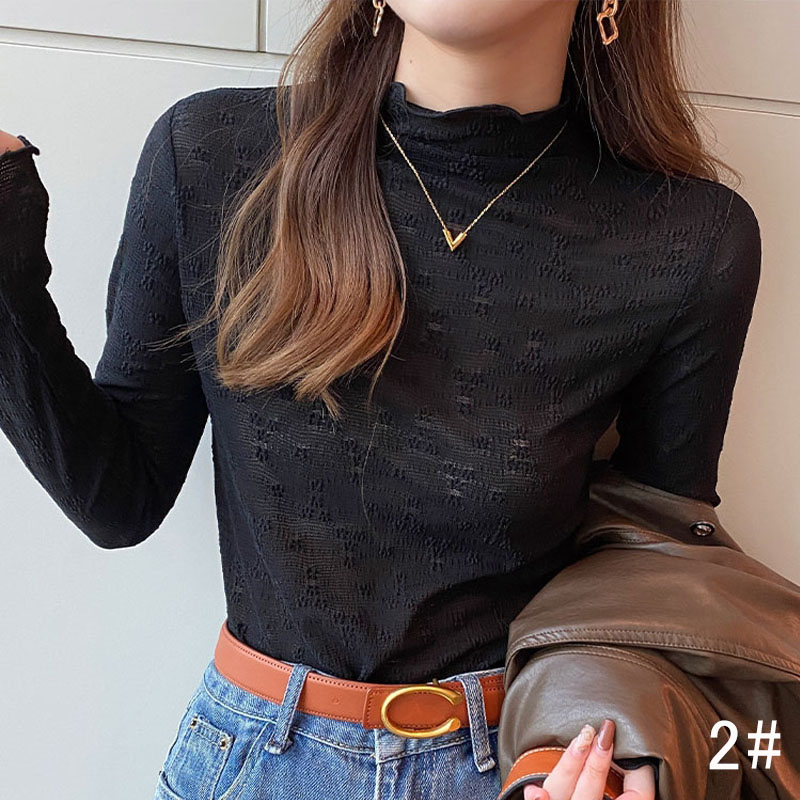 花柄透かし編みハイネックカットソー長袖