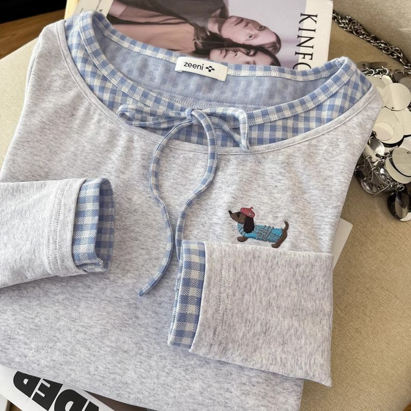 カットソー わんちゃん刺繍入りボートネック