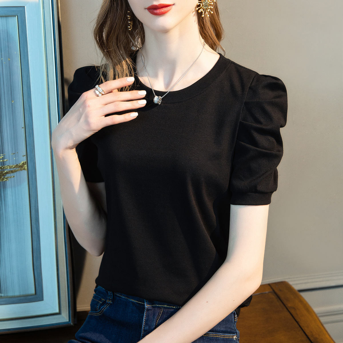 カットソー 優美パフスリーブ半袖カットソー
