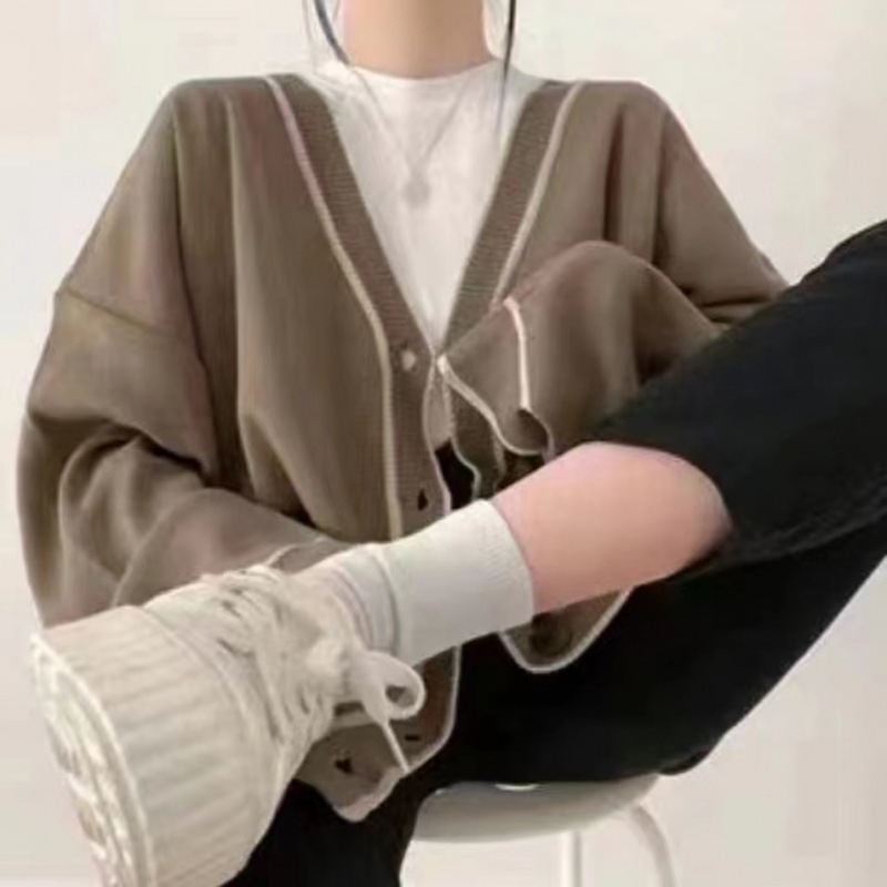 カットソー 配色ライン入りゆったり羽織りカーディガン