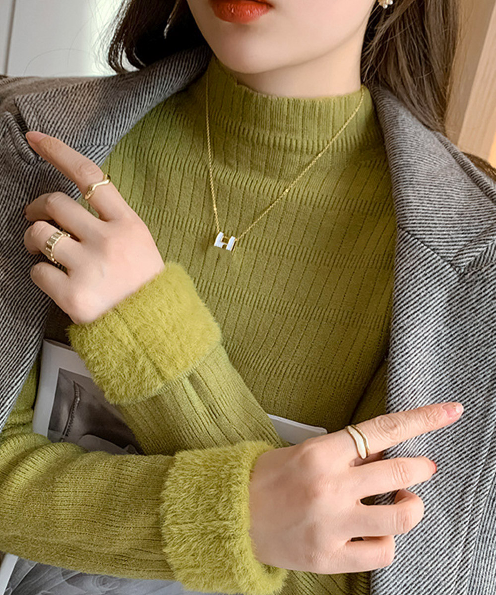 裏起毛ハイネックニット長袖カットソー厚手