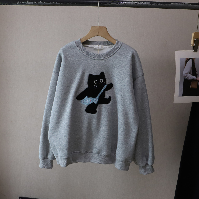 可愛い猫刺繍長袖裏起毛カットソー韓国風4色