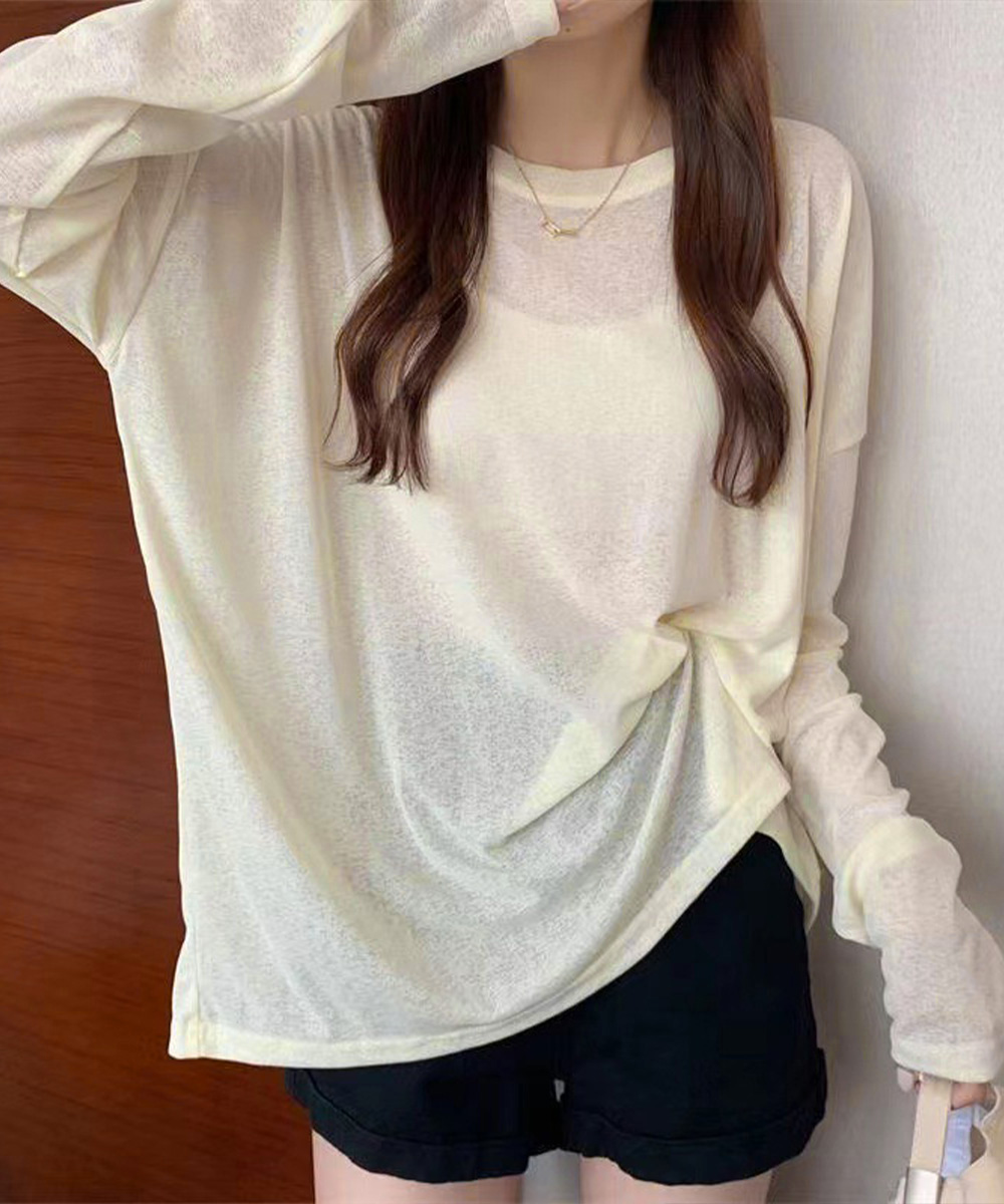 カットソー シアー素材 長袖クルーネックTシャツ 重ね着風