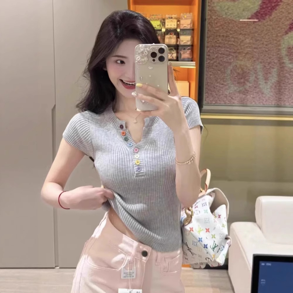 カットソー 彩りボタン リブ編み 半袖ニット