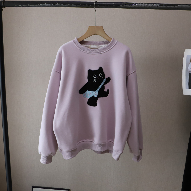 可愛い猫刺繍長袖裏起毛カットソー韓国風4色