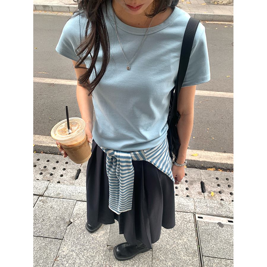 カットソー カットソー なめらか素材クルーネック半袖