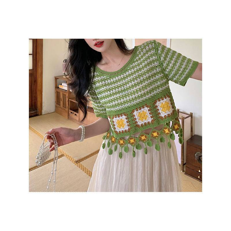 カットソー カットソー 花モチーフ透かし編み半袖ニット