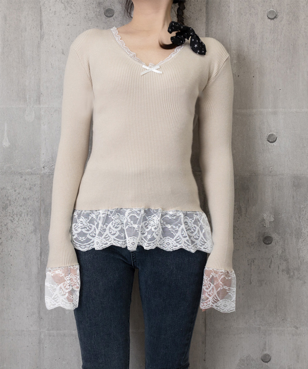 レース切替えVネックニット長袖カットソー