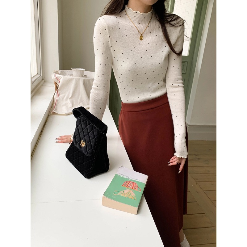 カットソー フリル襟ドット柄ハイネックニット長袖インナー